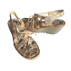 Fly London‎ Yapi Metallic Lace-Up Wedge Sandal 39 US 8-8.5 Comfort Platform Shoe